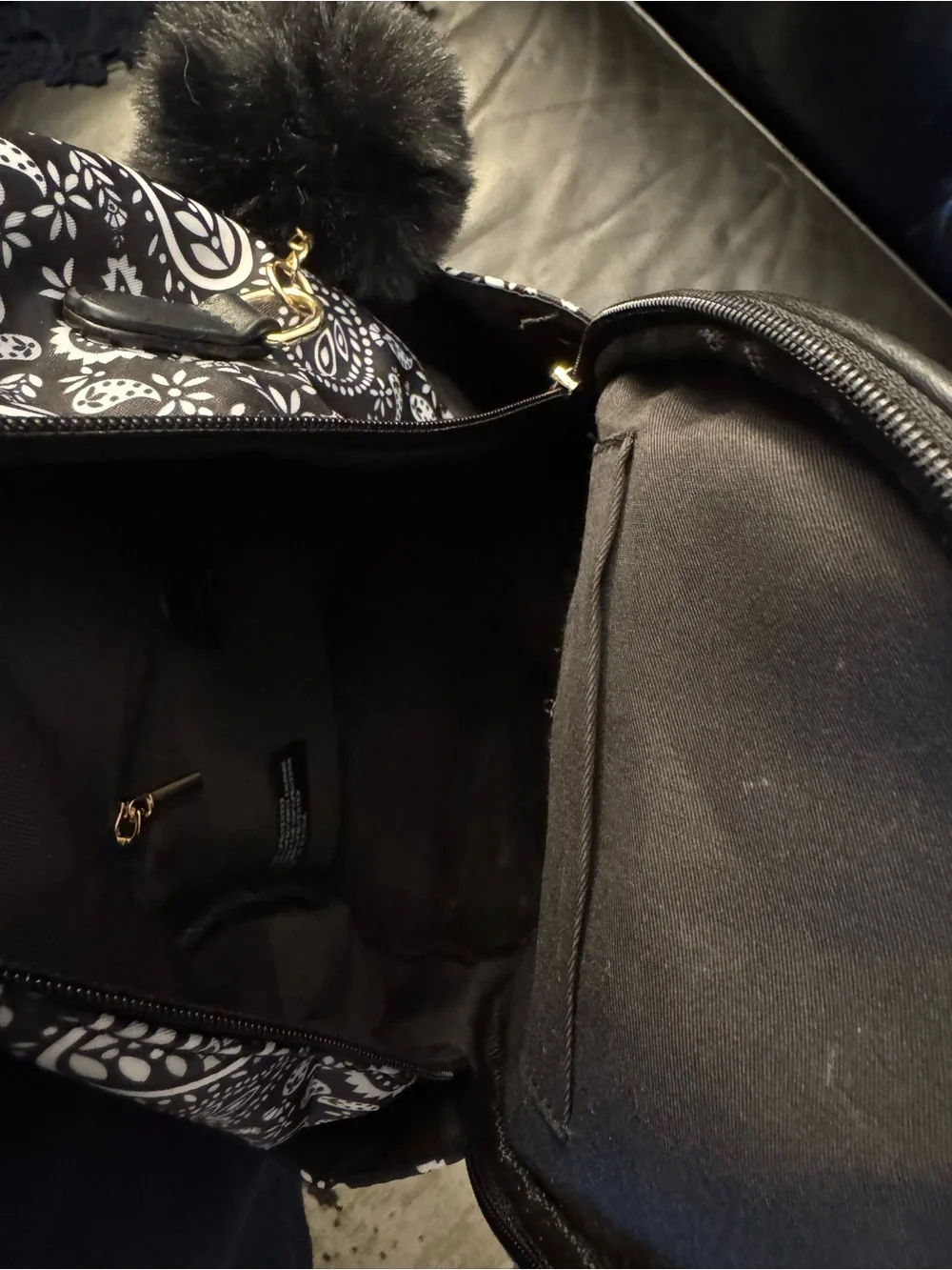 Black Paisley Mini Backpack with Pom Accent